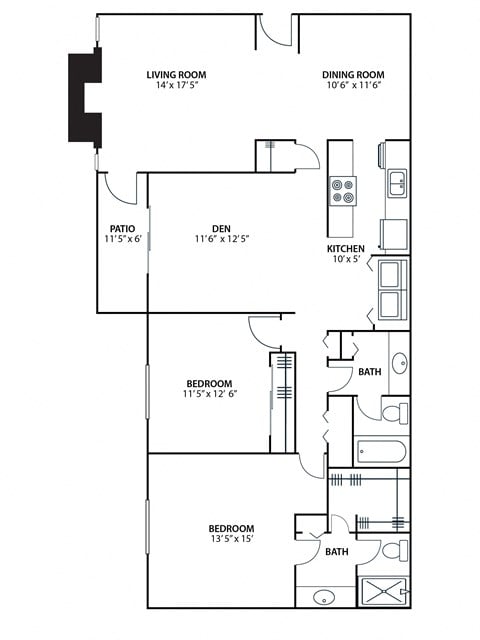 Floor plan for 2 beds, 2 baths, 1520 sqft